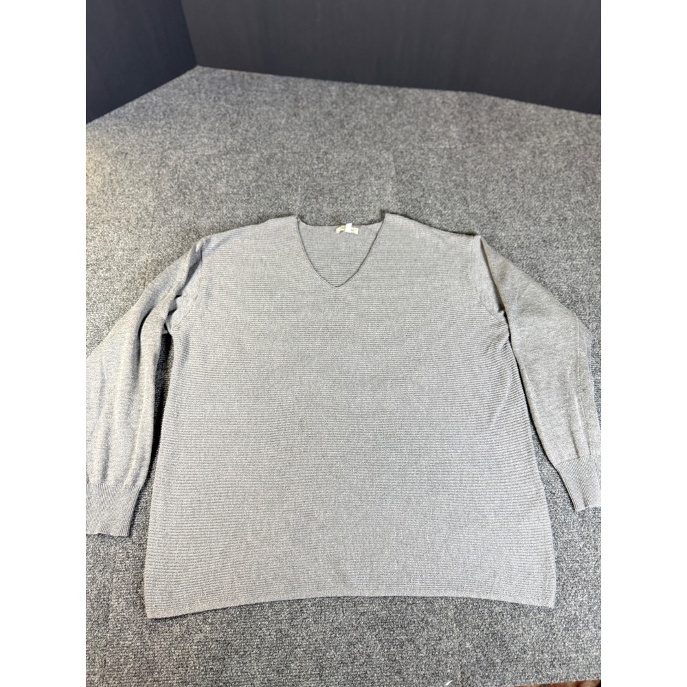 Ella Moss Womens Gray V-Neck Ribbed Knit Long Sleeve Sweater Size Large